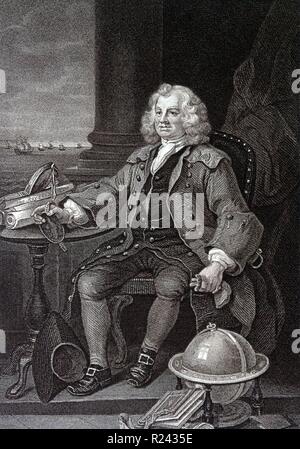 Engraving by British artist & engraver, William Hogarth 1697-1764: Thomas Coram. Line engraving by B. Holl after W. Hogarth. Captain Thomas Coram (c. 1668 - 29 March 1751) was a philanthropist who created the London Foundling Hospital to look after unwanted children 18th century Stock Photo