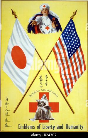 Poster showing two Red Cross nurses, one cradling in her arms a child on a litter, between the flags of Japan and the United States. Dated 1916 Stock Photo
