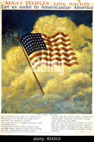 Poster showing the American flag waving among clouds. Created by Ray Greenlead. Dated 1917 Stock Photo