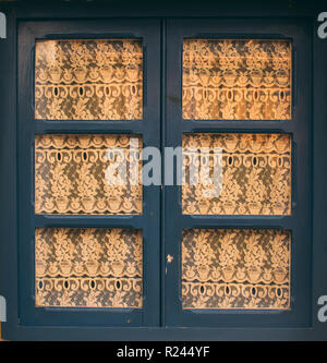 Maltese old blue window with curtains, Malta Stock Photo