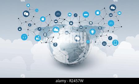 Internet of Things, Cloud Computing Design Concept with Earth Globe, Clouds and Icons - Global Digital Network Connections, Smart Technology Concept Stock Vector