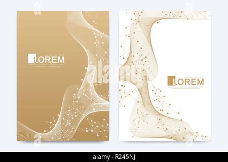 Modern vector template for brochure, leaflet, flyer, cover, catalog, magazine, banner or annual report. A4 size. Business, science and technology design with golden dynamic waves, line and particles. Stock Vector