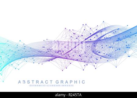 Vector abstract background with a colored dynamic waves, line and particles. Wave flow. Digital frequency track equalizer. Stock Vector