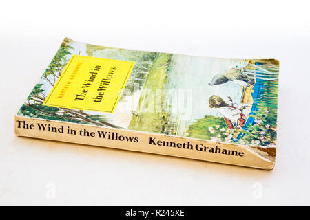 Illustrated front cover of old book dog-eared paperback with torn spine, The Wind in the Willows by Kenneth Grahame. 1961 edition by Methuen & Co Ltd. Stock Photo