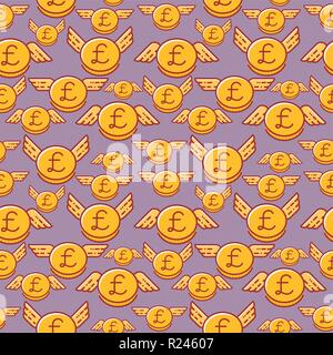 British pound coins with wings, seamless vector pattern, british currency. Stock Vector