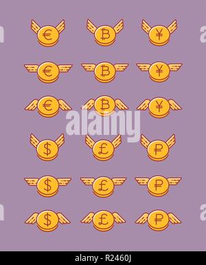 Vector set of different currency coins with wings Stock Vector