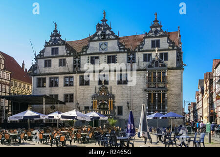 Hann. Münden, Lower Saxony/Germany - May 2008: The famous town hall is a heritage-protected building. Its façade in a Renaissance architectural style... Stock Photo