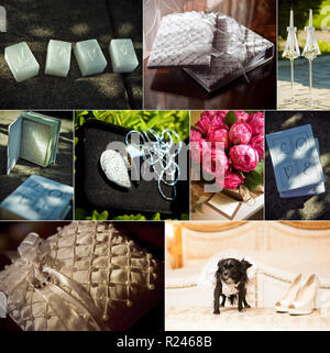 Collage of wedding photos. Ring in a box of brand, bridal bouquet ...