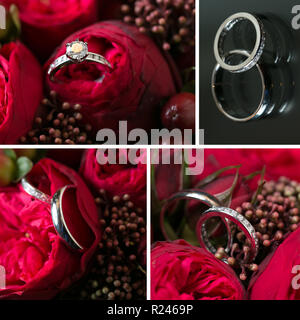 Collage of wedding photos. Ring in a box of brand, bridal bouquet ...
