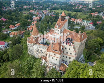 Aerial panorama of Dracula castle at Bran, Transylvania, Romania widely associated with Vlad Tepes near Brasov Stock Photo