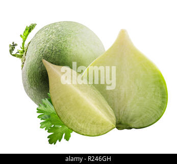 Fresh green raw redishes isolated on white background with shadow. Clipping path Stock Photo