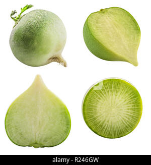 Fresh green raw redishes isolated on white background with shadow. Clipping path Stock Photo