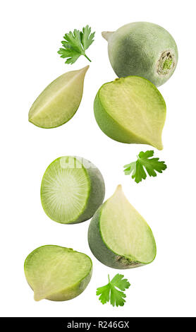 Flying raw redishes isolated on white background with shadow. Clipping path Stock Photo