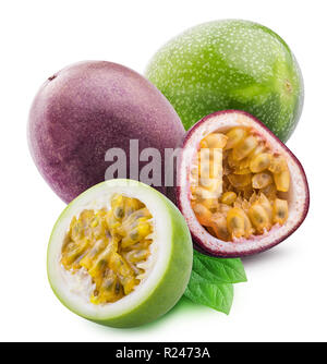 Green passion fruit isolated on white background with shadow. Clipping path Stock Photo