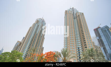 Dubai, UAE - May 15, 2018: Driving through the streets of Dubai. View from the car window. Stock Photo