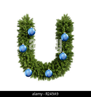 Christmas alphabet ABC character letter U font with Christmas ball. Christmas tree branches capital letters decoration type with Christmas sphere. Hig Stock Photo
