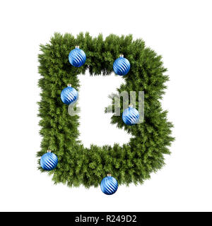 Christmas alphabet ABC character letter B font with Christmas ball. Christmas tree branches capital letters decoration type with Christmas sphere. Hig Stock Photo