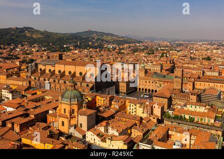 View over the Piazza Maggiore, from the Asinelli Tower (Torre degli Asinelli), Bologna, Emilia-Romagna, Italy, Europe Stock Photo