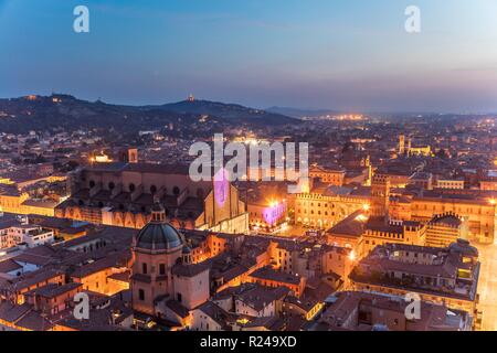 View over the Piazza Maggiore, from the Asinelli Tower (Torre degli Asinelli), Bologna, Emilia-Romagna, Italy, Europe Stock Photo