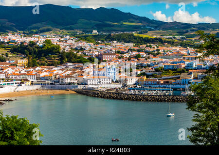 View of houses and buildings in Angra do Heroismo on Terceira Island, part of the Azores Islands, Portugal, Atlantic, Europe Stock Photo