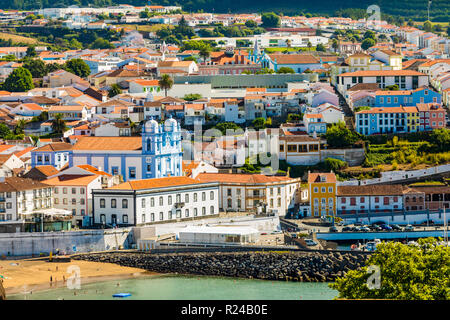 View of houses and buildings in Angra do Heroismo on Terceira Island, one of the Azores Islands, Portugal., Atlantic, Europe Stock Photo