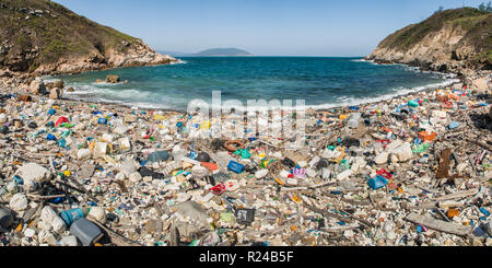 Beach covered in plastic rubbish, Lap Sap Wan, New Territories, Hong Kong, China, Asia Stock Photo