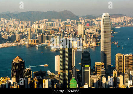 View across Victoria Harbour, from Hong Kong Island to Kowloon, seen from Victoria Peak, Hong Kong, China, Asia Stock Photo