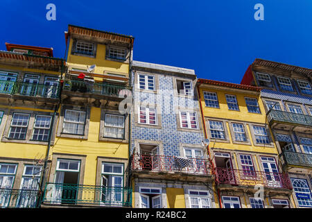 View of traditional buildings with balconies and azulejo tiles, Ribeira District, Porto, Portugal, Europe Stock Photo