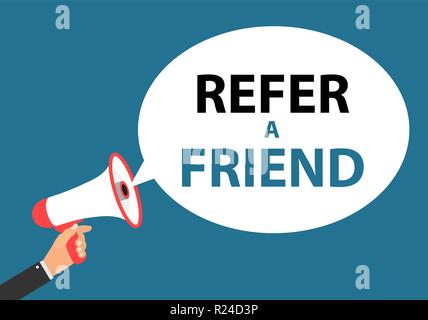 Megaphone with speech bubble. Refer a friend concept. Vector Illustration Stock Vector