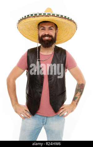 Man bearded cheerful guy wear sombrero mexican hat. Mexican party concept. Celebrate traditional mexican holiday. Lets have fun. Mexican guy happy festive outfit ready to celebrate. Stock Photo