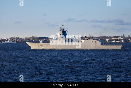 The ill fated KNM Helge Ingstad of the Royal Norwegian Navy in company with HDMS Esbern Snare a Absalon-class support ship of the Danish Navy Stock Photo