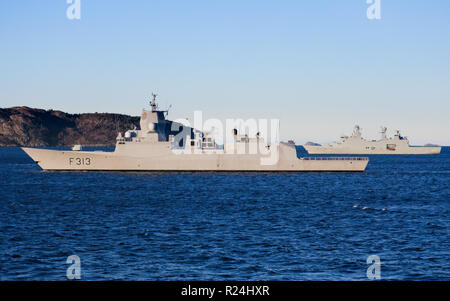 The ill fated KNM Helge Ingstad of the Royal Norwegian Navy in company with HDMS Esbern Snare a Absalon-class support ship of the Danish Navy Stock Photo