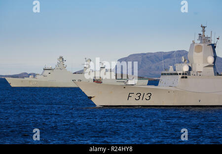 The ill fated KNM Helge Ingstad of the Royal Norwegian Navy in company with HDMS Esbern Snare a Absalon-class support ship of the Danish Navy Stock Photo