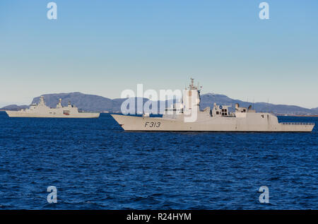 The ill fated KNM Helge Ingstad of the Royal Norwegian Navy in company with HDMS Esbern Snare a Absalon-class support ship of the Danish Navy Stock Photo