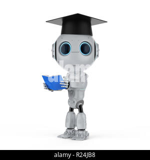 Machine learning concept with 3d rendering robot wear graduation cap Stock Photo