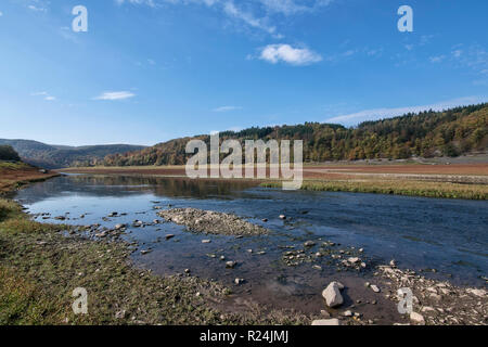 The almost-dry riverbed of the Edersee Lake, Kellerwald-Edersee National Park. Stock Photo