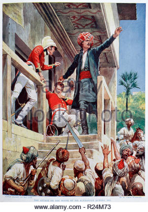 The attack on his house in Kabul in 1841 of British explorer and diplomat Sir Alexander Burnes, 1805 – 1841, illustration from 1922 Stock Photo