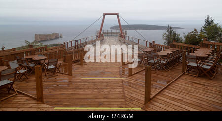 Misty day at the suspended glass platform in the Geopark de Perce ion the Gaspe Peninsula of Canada. Stock Photo