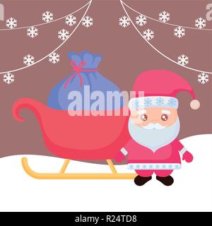 cartoon santa claus with sled with sack of gift boxes over brown background, vector illustration Stock Vector
