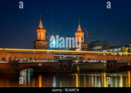 View of the Oberbaumbruecke and light trails  in a cold Autumn night in Berlin - 5 Stock Photo