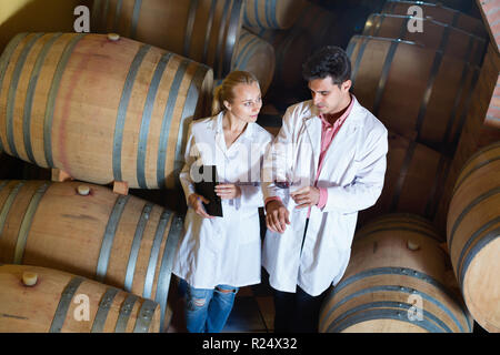 Friendly specialists in white robes checking ageing process of wine Stock Photo
