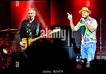 Prague, Czech Republic. 16th Nov, 2018. Concert by British musician Sting (left) and Jamaican reggae and rap singer Shaggy in Prague, Czech Republic, November 16, 2018. Credit: Vit Simanek/CTK Photo/Alamy Live News Stock Photo