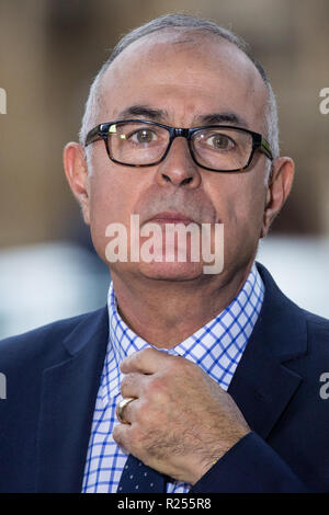 London, UK. 16th November, 2018. Rob Watson, BBC World Service UK Political Correspondent, is interviewed on College Green in Westminster as uncertainty continues around the survival of Prime Minister Theresa May's Government and the number of letters of no confidence submitted to the 1922 Committee. Credit: Mark Kerrison/Alamy Live News Stock Photo