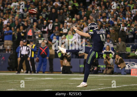 Seattle, WA, USA. 15th Nov, 2018. Seattle Seahawks punter Michael Dickson (4) punts the ball away during a game between the Green Bay Packers and Seattle Seahawks at CenturyLink Field in Seattle, WA. Seahawks defeat the Packers 27-24. Sean Brown/CSM/Alamy Live News Stock Photo