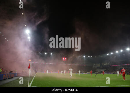 a general view  as a smoke bomb is thrown onto the pitch.  UEFA Nations League match, Wales v Denmark at the Cardiff city Stadium in Cardiff , South Wales on Friday 16th November 2018. pic by Andrew Orchard /Andrew Orchard sports photography/Alamy live News EDITORIAL USE ONLY Stock Photo