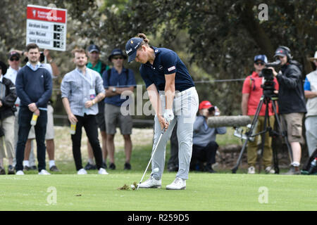 Sydney, Australia. 17th November 2018, The Lakes Golf Club, Sydney, Australia; Emirates Australian Open Golf, round 3; Jake Mckleod of Australia plays his second shot on the 4th hole Credit: Action Plus Sports Images/Alamy Live News Stock Photo