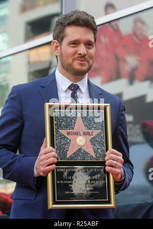 Los Angeles, USA. 16th Nov, 2018. Canadian singer Michael Buble attends his star honoring ceremony on the Hollywood Walk of Fame in Los Angeles, the United States on Nov. 16, 2018. Credit: Zhao Hanrong/Xinhua/Alamy Live News Stock Photo