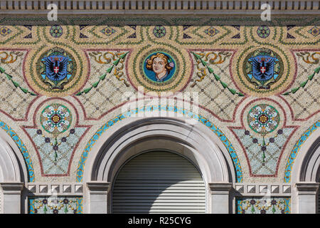 Detail of the facade of the government building (Palazzo del Governo) with mosaics - Trieste, Friuli Venezia Giulia, Italy Stock Photo