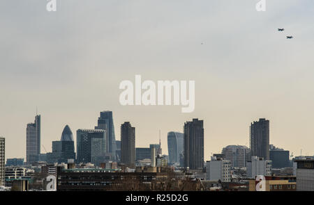 London, England, UK - March 13, 2015: Fighter jets race over the City of London as part of a comemorative flypast. Stock Photo