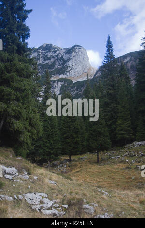 Julian Alps landscape, Mount Velika Baba, view from Krn lake, close to Juliana Walking Trail and Alpe Adria Trail, Slovenia, Central Europe Stock Photo